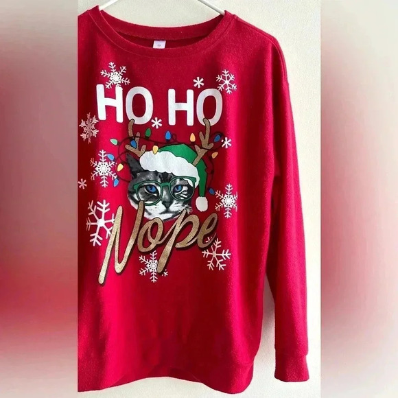 Ho Ho Nope Cat Ugly Christmas Sweater, Red Holiday Sweater, Glitter, Size Med - Picture 9 of 16